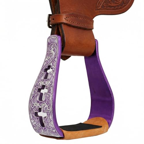 CHALLENGER Western Show Horse Saddle Stirrups Aluminum Leather Tread Cross Engraved 5145v - color: Purple with genuine Leather Tread