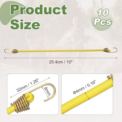 PATIKIL Bungee Cords with Hooks, (10 Inch, Yellow)(10Pcs), Adjustable Rubber Stretchy Heavy Duty Short Elastic Bungee Cord for Luggage Roof Rack Hang Outdoor Tent Tarp