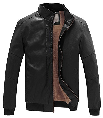 WenVen Men's Stand Collar Fleece Lined Faux Leather Jacket Warm Winter Coat | Bomber Outerwear - color: Black, size: Medium