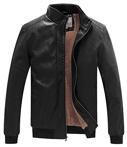 WenVen Men's Stand Collar Fleece Lined Faux Leather Jacket Warm Winter Coat | Bomber Outerwear - color: Black, size: Medium