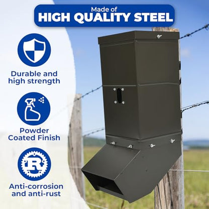 ECOTRIC Livestock Feeder with Waterproof Cover and Mounting Straps, Hanging | Deer Gravity Feeder, Steel Black