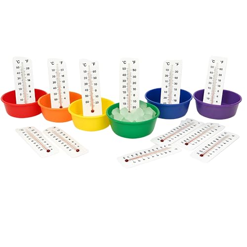 Basic Temperature Reading Student Thermometers and Experiment Bowls - Set of 18, Dual-Scale Mercury-Free Classroom Science Tools, Ages 8+, Grades 3+