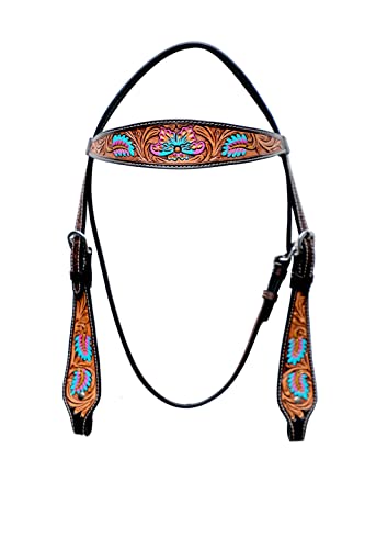 CHALLENGER Horse Western Leather Tooled Headstall Bridle Breast Collar Tack Set 78HRBrowbandSet - color: Antique Floral Turquoise