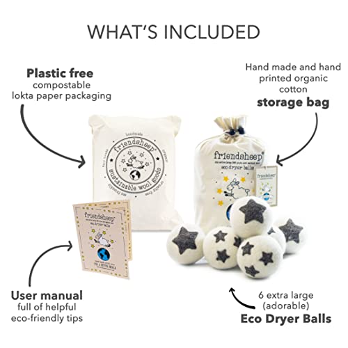Friendsheep Wool Dryer Balls, Organic Reusable Fabric Softener Alternative for Laundry, Handmade, Fair Trade, Hypoallergenic, Eco-Friendly, Plastic-Free (6 Pack XL – Stars Galore) | Reusable fabric softener alternative Organic wool, handmade, fair trade,