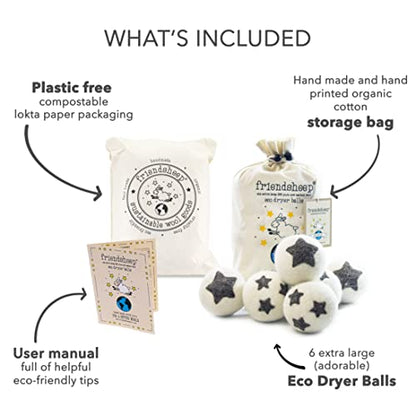 Friendsheep Wool Dryer Balls, Organic Reusable Fabric Softener Alternative for Laundry, Handmade, Fair Trade, Hypoallergenic, Eco-Friendly, Plastic-Free (6 Pack XL – Stars Galore) | Reusable fabric softener alternative Organic wool, handmade, fair trade,