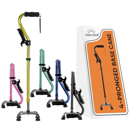 Walking Cane with 4 Prongs and Extra Side Handle – Adjustable, for Balance & Stability for Adults, Seniors, and Injured. - color: Gold