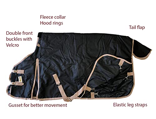 AJ Tack 1200D Waterproof Winter Horse Blanket with Storage Bag - 400g Heavyweight Turnout with Fleece Collar, Shoulder Gussets & Tail Flap - Black 68" - size: 68