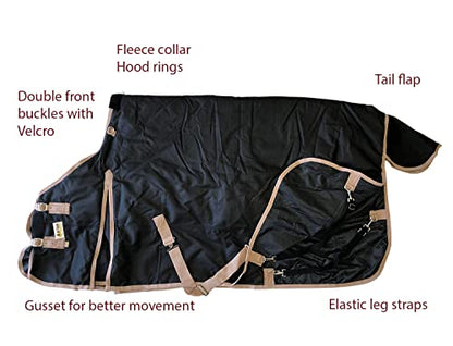 AJ Tack 1200D Waterproof Winter Horse Blanket with Storage Bag - 400g Heavyweight Turnout with Fleece Collar, Shoulder Gussets & Tail Flap - Black 76" - size: 76