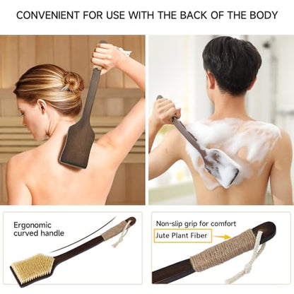 Back Scrubber Shower Brush,Dry Brushing Body Brush with 17.7 Inch Curved Long Handle, Natural Bristles for Lymphatic Drainage, Soft & Stiff Bristles Available (Soft-Fine Boar Bristles)