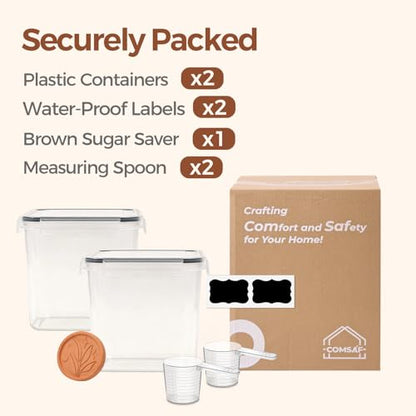 ComSaf Airtight Brown Sugar Containers with Terra Cotta Saver 2.6Qt 2Pack | Plastic Food Storage Canister with Lid, Sugar Flour Cereal Oats, Pantry Kitchen, Stackable Brown Sugar Keeper, Label & Scoops - size: 2.6Qt-Square