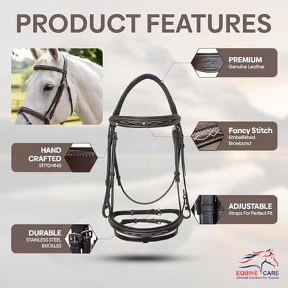 Equine Care English Horse Bridle with Reins, Padded, 6 Browband Styles - color: Havana Brown