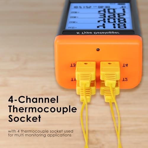 Digital Thermocouple Thermometer, 4 Channel Data Logger Thermometer with 48,000 Groups Data Records, -328~2498℉ Measuring Range Thermocouple Reader with Buzzer and Visible Alarm - color: Grey
