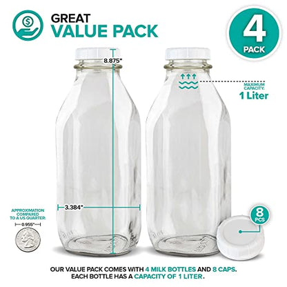Stock Your Home Liter Glass Milk Bottle with Lid (4 Pack) 32 Oz Jugs and 8 White Caps, Reusable Food Grade Container for Refrigerator, Juice, Oat or Plant Milks, Water, Honey - size: 32oz, style: 4 Pack