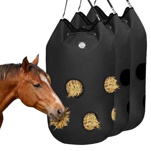3 Pcs Hay Bags for Horses,Slow Feeder Hanging 1200D Oxford Cylindrical Hay Bag,Net Large Opening Feed Hole Hay Bag,Horse, Goats, Sheep,Cows & Donkeys (Black)
