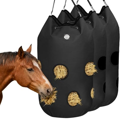 3 Pcs Hay Bags for Horses,Slow Feeder Hanging 1200D Oxford Cylindrical Hay Bag,Net Large Opening Feed Hole Hay Bag,Horse, Goats, Sheep,Cows & Donkeys (Black)