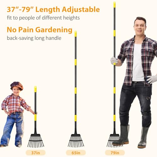 Rake for Leaves, Leaf Garden Rake, Yard Rakes for Lawns Heavy Duty, Metal Tools with 9" Small Narrow Head, 37”-79” Adjustable Long Handle, 11 Steel Tines, Quick Clean up Tool for Shrub, Camping - style: 6 FT