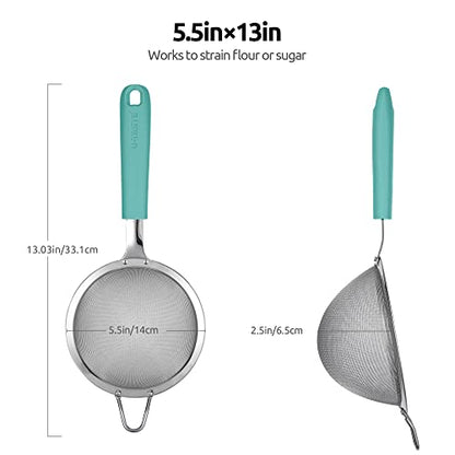 18/8 Stainless Steel Mesh Strainer: U-Taste 5.5 Inch Kitchen Fine Mesh Sieve Food Colander with Riveted Sturdy Silicone Handle and 30 Mesh Hole for Straining Flour, Pasta, Fruit, Quinoa(Aqua Sky) - color: (1) Aqua Sky, size: Medium (5.5 x 13 in)