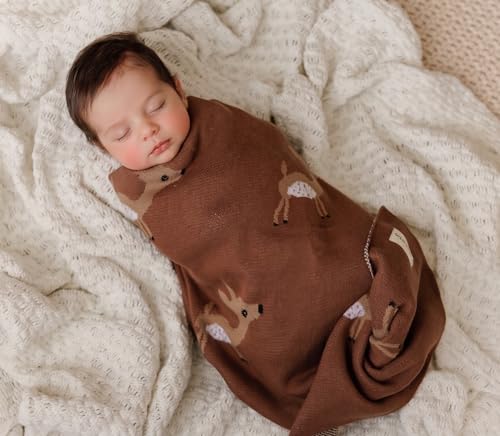Knit Baby Swaddling Blanket - 100% Cotton Lightweight Soft Cozy Receiving Swaddle Stroller Quilt Blanket for Shower Gift Registry for Newborns, Infants, Toddlers (Deer - Mocha) - color: 11 - Deer - Mocha