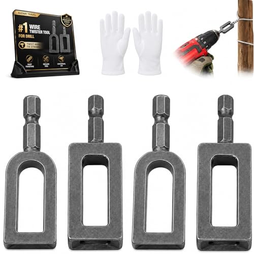 4 Pcs Wire Twister Tool for Drill Electric Drill Wire Twisting Tool Steel rebar Tying tie Haywire Attachment Multifunctional Fence Cordless tie Twisted Haywire for Gauge Chuck (#9+#11 Gloves)