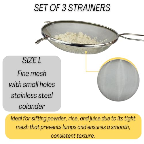 Mesh Strainers - Stainless Steel Fine Mesh Strainer Set of 3 with Handle - Colander-Skimmer Sieve Sifters for Kitchen Food - 5.5", 6.3", 7.1"