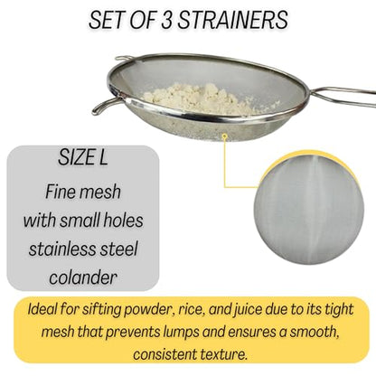 Mesh Strainers - Stainless Steel Fine Mesh Strainer Set of 3 with Handle - Colander-Skimmer Sieve Sifters for Kitchen Food - 5.5", 6.3", 7.1"