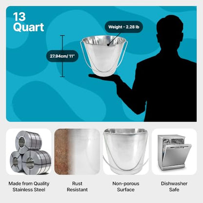3 Gallon Stainless Steel Bucket - Flat-Side Metal Bucket 13 Quart - size: 13 Quarts