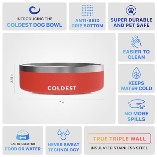 Coldest Dog Bowl - Anti Rust Metal, Non Slip, 3 Layers Insulated Stainless Steel Dog Bowls - Spill Proof & Heavy Duty - Water Bowl for Dogs, Cats & Pets, Dish Washer Safe (42 oz, Crimson Red) - color: Crimson Red, size: 42 oz
