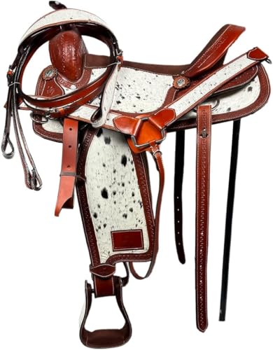Western Barrel Saddle Set Brown Genuine Leather Hair On Cowhide Hand Tooled Horse Saddle with Headstall, Breast Collar & Reins for Trail Riding, Rodeo, Ranch & Pleasure, 8-17 Inch - size: 18 inch