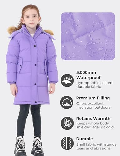 wantdo Girls' Waterproof Winter Coat Long Puffer Jacket Warm Parka Hooded - color: Purple, size: 14-16