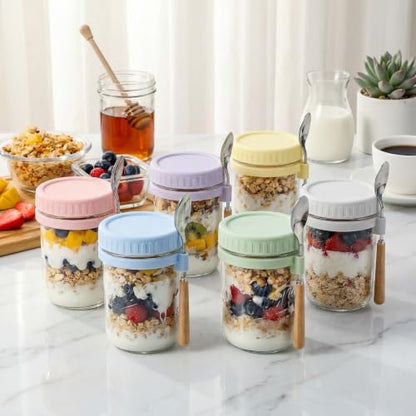 16oz Glass Overnight Oats Containers with Lids and Spoons, 6 Pack Blue - color: Blue - 6 Pack