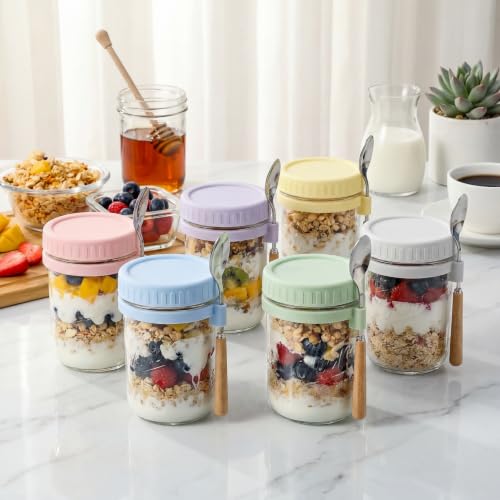 16oz Glass Overnight Oats Containers with Lids and Spoons, 6 Pack Purple - color: Purple - 6 Pack