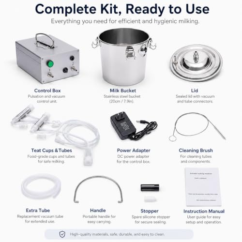 5L Goat Milking Machine with Rechargeable Battery for Milk Cow Home Farm | Portable Electric Speed ,Adjustable Suction Pulsating Vacuum Pump,Stainless Steel Milk Machine Bucke