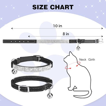 BINGPET Diamond Cat Collar with Bell,Adjustable Kitten Collar, Black - color: Black(Rhinestones), size: Neck Girth 8"-10"