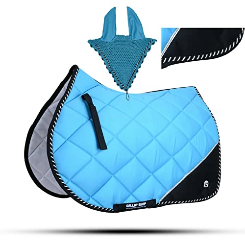 Quilted English Saddle Pad, Matching Ear Bonnet Set Breathable Riding Numnah Shock Absorbing Padding for Jumping, Schooling - color: Electric Lime