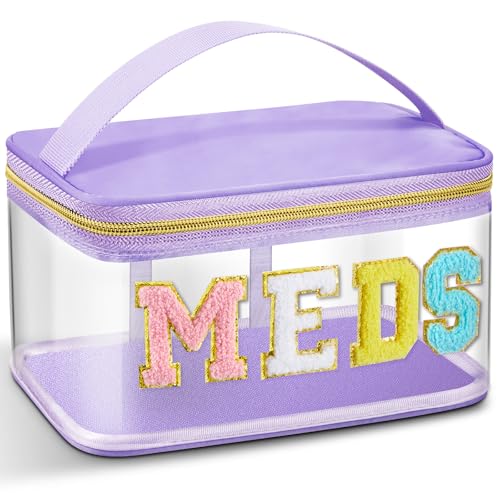 Geetery Chenille Letter Bag, Meds Cheer Travel Cases Cheerleader Gifts Cosmetic Bag Nylon Makeup Portable Preppy Patch with Zipper Toiletry Storage Case for Women(Purple,Meds) - color: Purple, style: Meds