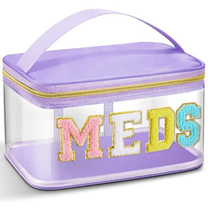 Geetery Chenille Letter Bag, Meds Cheer Travel Cases Cheerleader Gifts Cosmetic Bag Nylon Makeup Portable Preppy Patch with Zipper Toiletry Storage Case for Women(Purple,Meds) - color: Purple, style: Meds