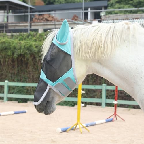 Horse Fly Mask with Ears & Long Nose, Fine Mesh Turquoise Pony - color: Turquoise, size: Pony