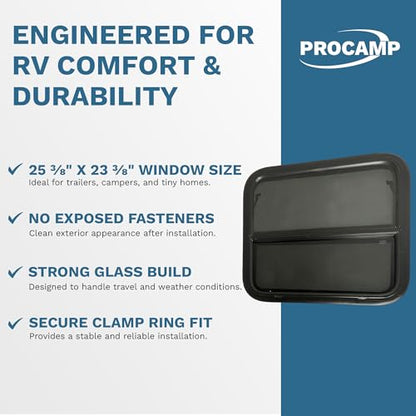 RV Window 24" x 22" - Vertical Slider with Screen & Trim Ring fits 2" Wall Thickness - Replacement for Campers, Trailers (23 3/4" x 21 3/4" Cut-Out)