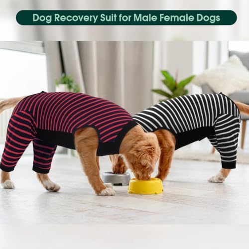 Kuoser Dog Recovery Suit with Anti Licking Rear Leg Sleeve, Red M - color: Red Strips, size: Medium (Back Length: 34cm / 13.38")