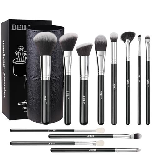 BEILI Makeup Brushes 12pcs Makeup Brushes Set with Holder Premium Synthetic Kabuki Foundation Brush Blending Blush Concealer Full Face Makeup Brushes Kit With Gift Box(Black) - color: 12pcs with Holder