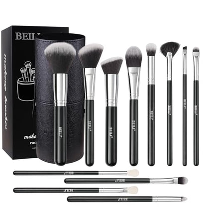BEILI Makeup Brushes 12pcs Makeup Brushes Set with Holder Premium Synthetic Kabuki Foundation Brush Blending Blush Concealer Full Face Makeup Brushes Kit With Gift Box(Black) - color: 12pcs with Holder