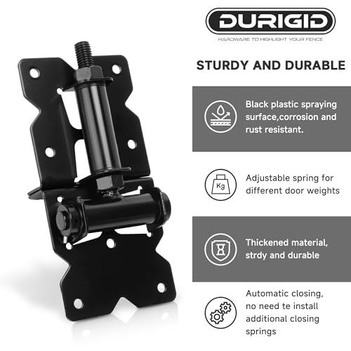 Self Closing Gate Hinges, Spring Loaded Gate Hinges, Shed Door Hinges for Vinyl/Wood Fence/Steal Gate, Self-Tapping Screws and Adjustment Tool, Black Finish, 2 Pack