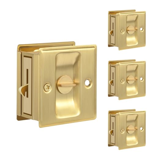 HOMOTEK 4 Pack Privacy Sliding Door Lock with Pull - Replace Old Or Damaged Pocket Door Locks Hardware Quickly and Easily, 2-3/4”x2-1/2”, for 1-3/8” Thickness Door, Brushed Brass - color: Brushed Brass, size: 4 Pack