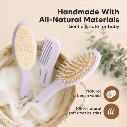 KeaBabies Wooden Baby Hair Brush Set for Newborns, Toddlers - Soft Goat Bristle Baby Brush and Comb Set Newborn Grooming Kit for Cradle Cap Care, Durable & Gentle, Boy, Girl Infant Essentials