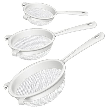 Skyley 3 Pcs Plastic Nylon Mesh Kefir Fine Strainer Set, 3 In, 5 In, 7 In | Plastic Flour Colander with Handle Nylon Kefir Food Strainers Flour Sifter for Baking Kitchen Tea Juice Pasta - size: 3 Inch, 5 Inch, 7 Inch