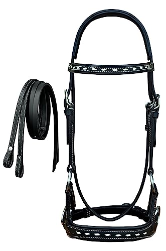 CHALLENGER Leather Turquoise BuckStitch Bitless Sidepull Bridle Reins 7714 - color: Black/White, size: Full Size