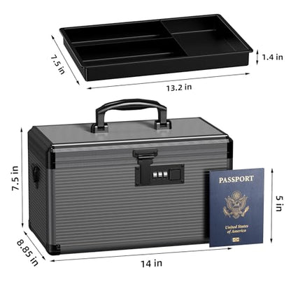 Medicine Lock Box with Code, Locking Medicine Box with Removable Tray & Pocket Bag, Portable First Aid Box for Home&Travel, 14 * 8.85 * 7.5 Inch (Black) - size: Large-14inch