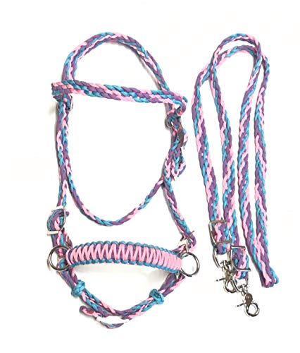 pony bitless bridle horse tack side pull hackamore light pink lilac and turquoise in small pony and large pony size