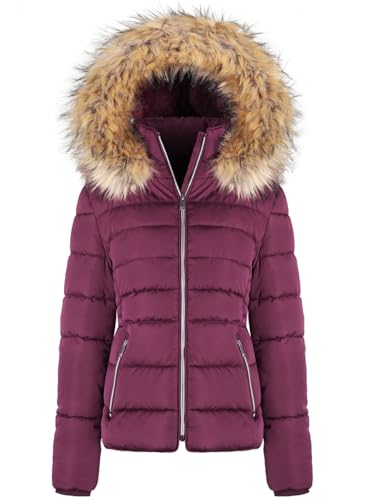 BodiLove Women's Fur Hooded Thickened Jacket with Fleece Lining - color: Burgundy W/ Silver Zipper, size: Medium
