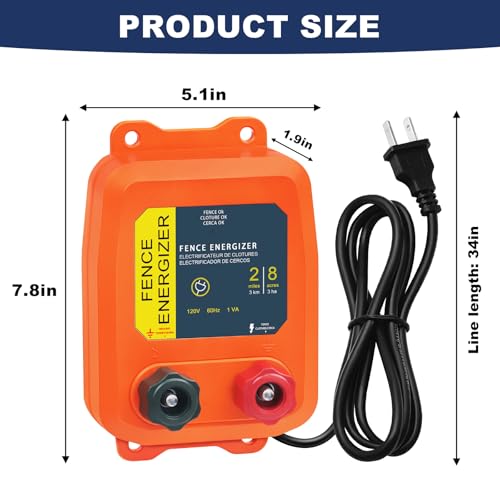 Electric Fence Energizer, 2-Mile/ 8 Acres Plug in Electric Fence Charger, Livestock Fence Charger for Dogs, Raccoons, Livestock, Squirrels, Chicken Coops, Skunks intruding, 0.1 Joule - color: Orange